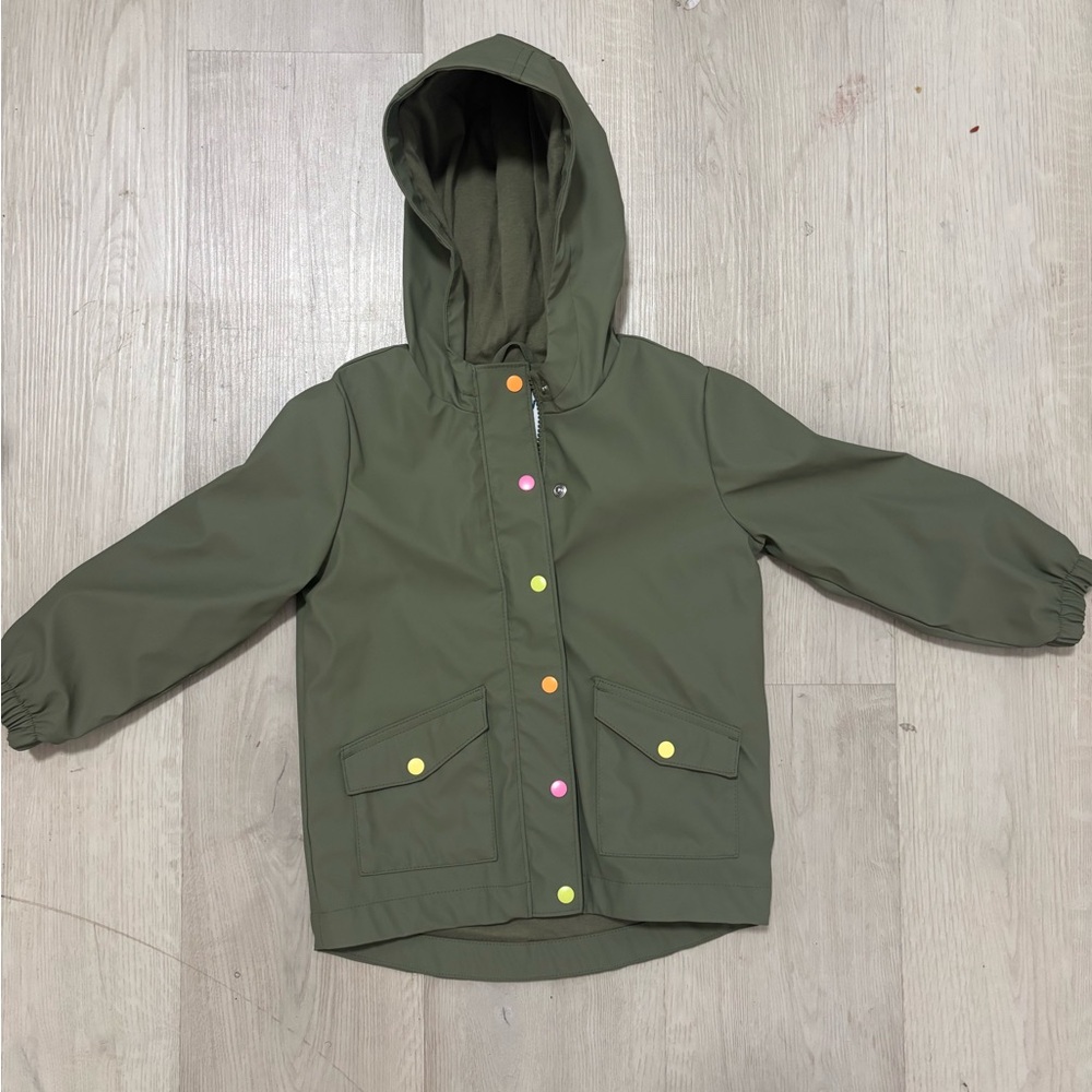 Old Navy Olive Green Hooded Raincoat with Colorful Snap Buttons